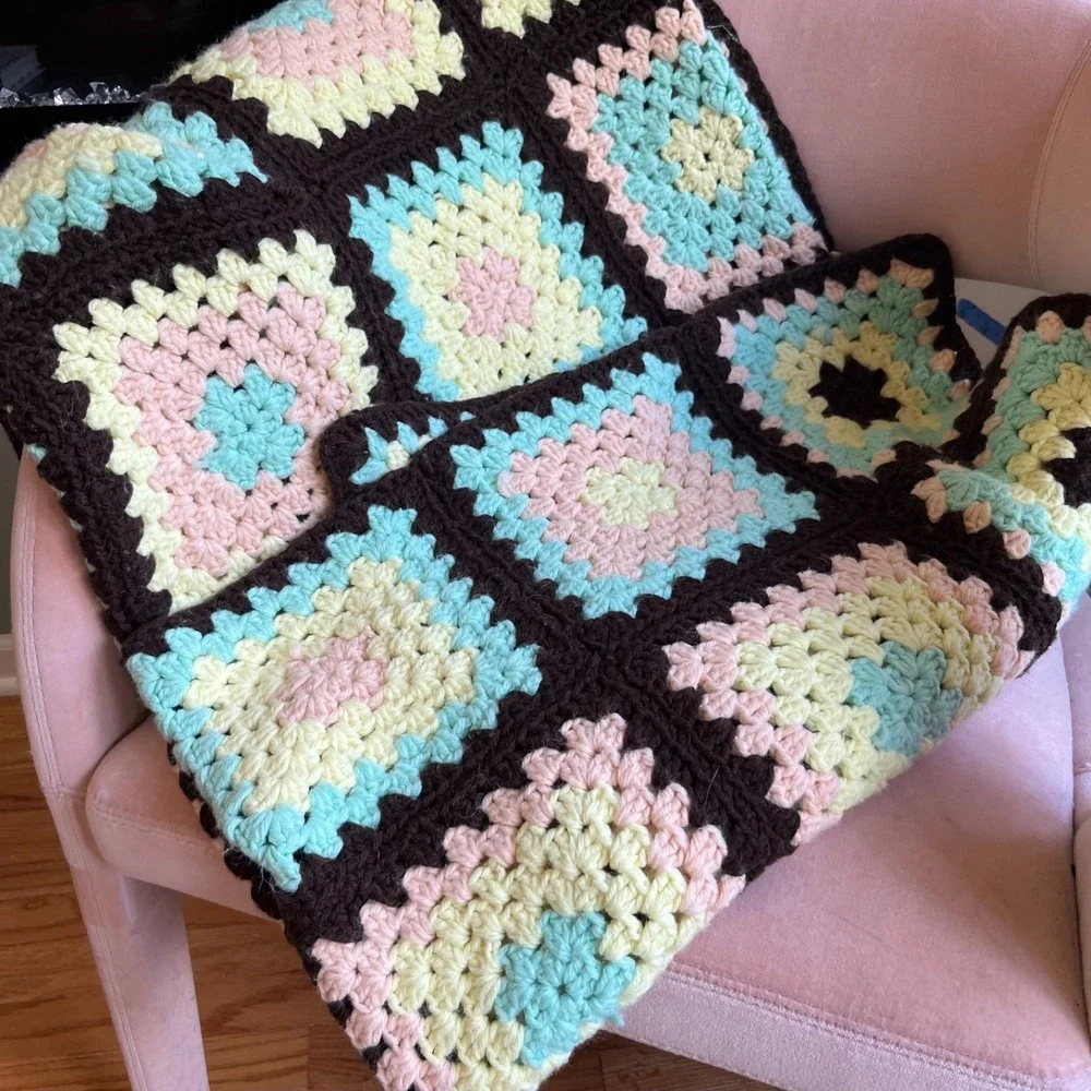 Vintage Handmade Crochet Granny Square Afghan Throw Blanket Brown Pink Boho